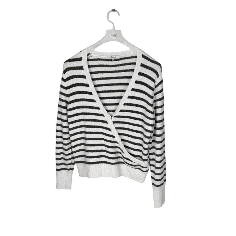 Madewell White Olive Striped Wrap Wool Alpaca Blend Sweater Size L Cozy Layering